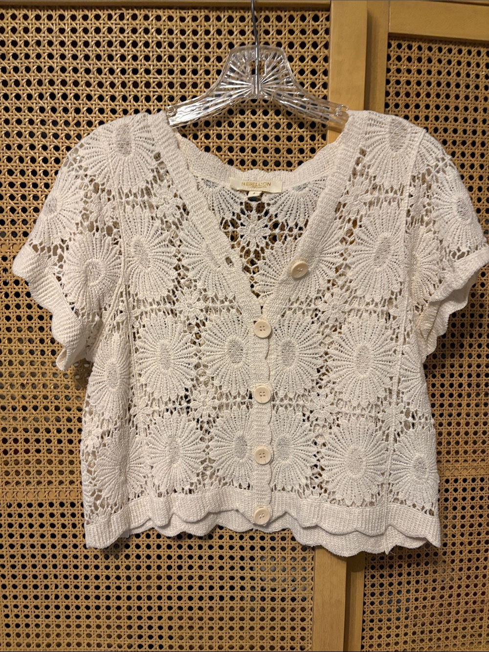 Euc floral sunflower daisy crochet knit button down sweater top S
